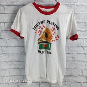 Vintage Del Monte Tuna Shirt Mens Medium White Ringer KWKI 93 Rock N Roll 80s